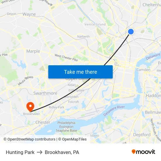 Hunting Park to Brookhaven, PA map