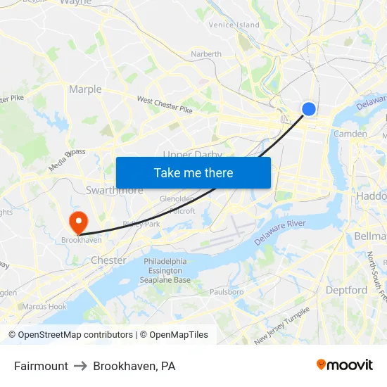 Fairmount to Brookhaven, PA map