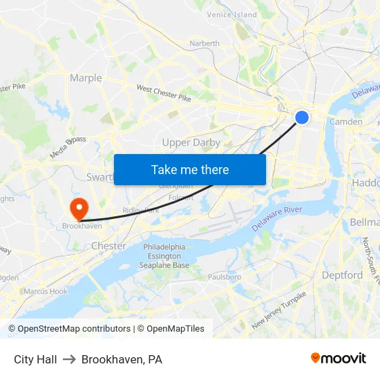 City Hall to Brookhaven, PA map