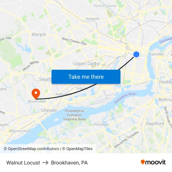 Walnut Locust to Brookhaven, PA map