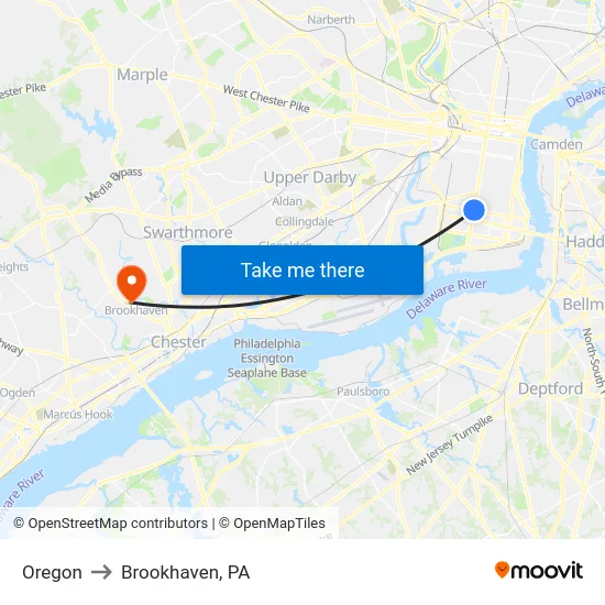 Oregon to Brookhaven, PA map