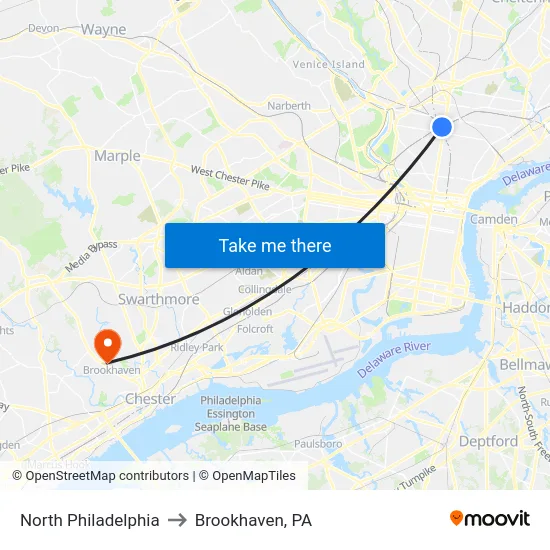 North Philadelphia to Brookhaven, PA map