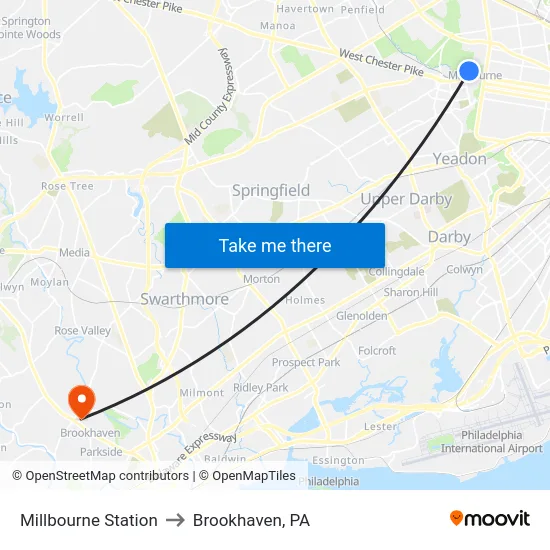 Millbourne Station to Brookhaven, PA map