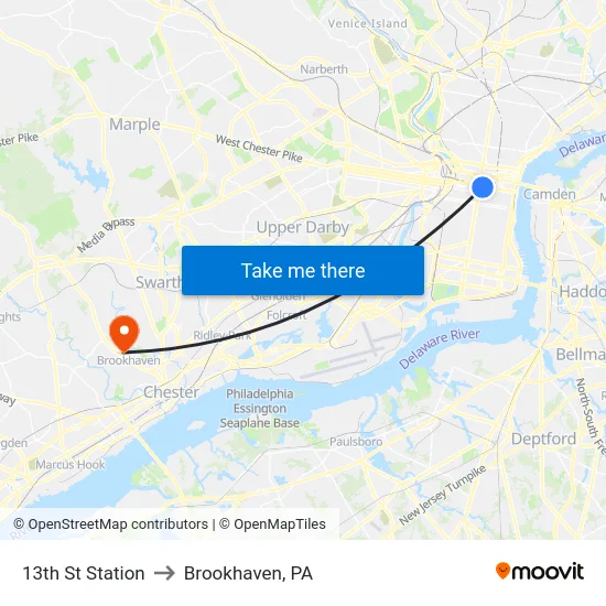 13th St Station to Brookhaven, PA map