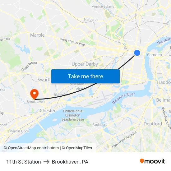 11th St Station to Brookhaven, PA map