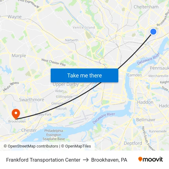 Frankford Transportation Center to Brookhaven, PA map
