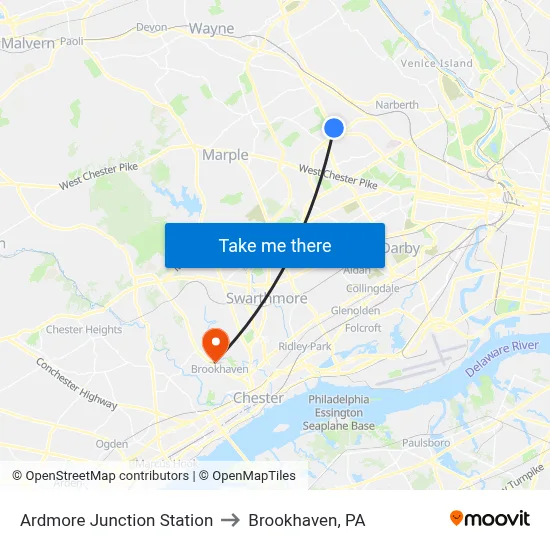 Ardmore Junction Station to Brookhaven, PA map