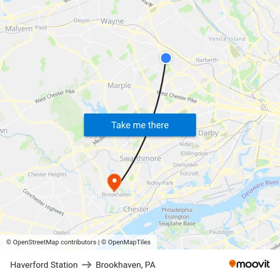 Haverford Station to Brookhaven, PA map