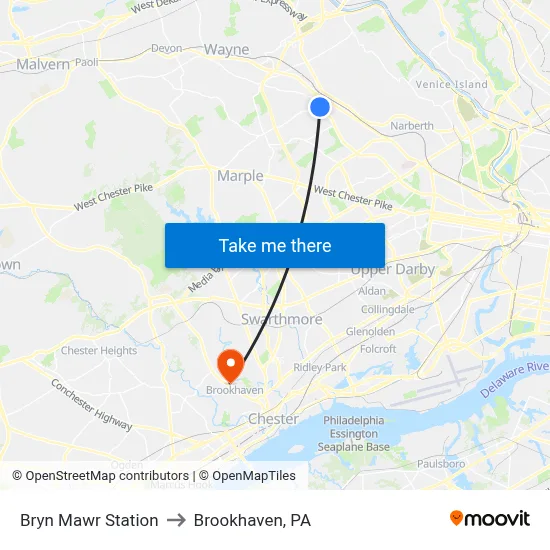 Bryn Mawr Station to Brookhaven, PA map