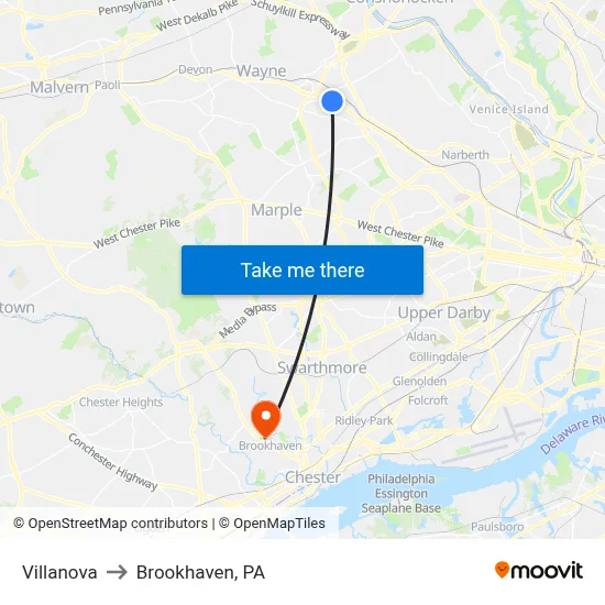 Villanova to Brookhaven, PA map