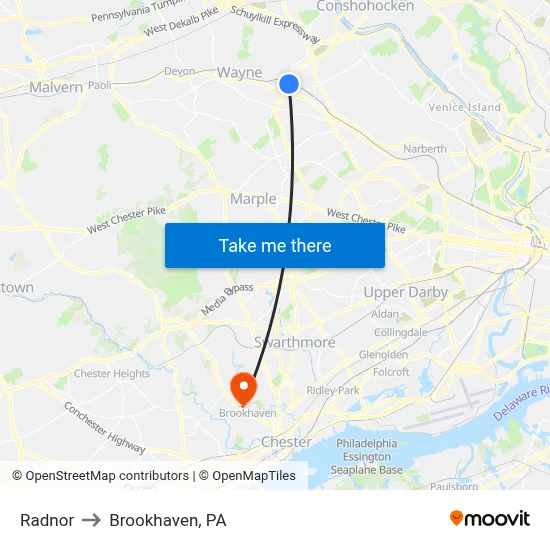 Radnor to Brookhaven, PA map