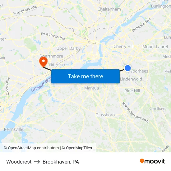 Woodcrest to Brookhaven, PA map