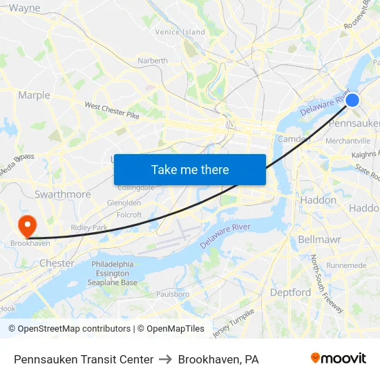 Pennsauken Transit Center to Brookhaven, PA map