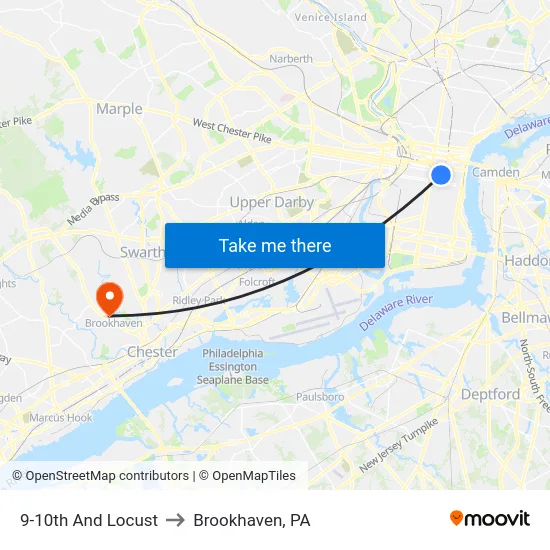 9-10th And Locust to Brookhaven, PA map