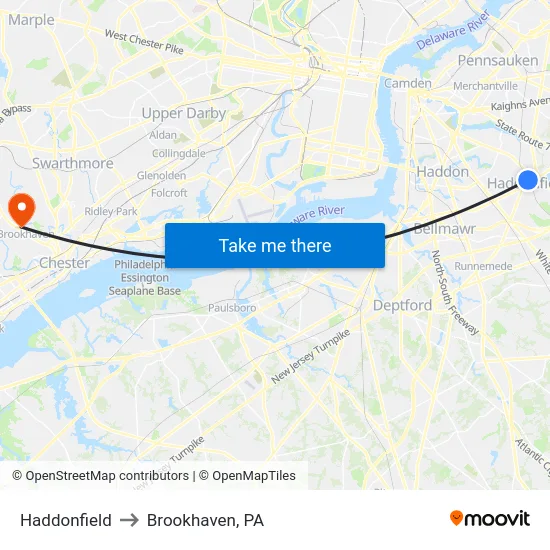 Haddonfield to Brookhaven, PA map