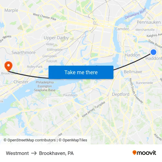 Westmont to Brookhaven, PA map