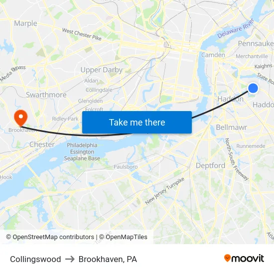 Collingswood to Brookhaven, PA map