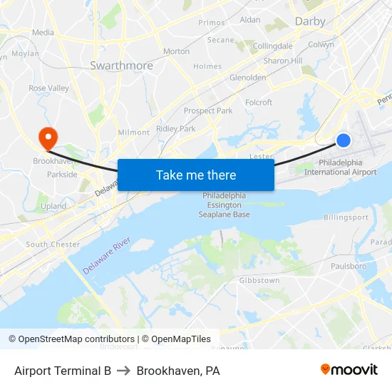 Airport Terminal B to Brookhaven, PA map