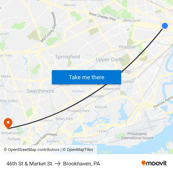 46th St & Market St to Brookhaven, PA map