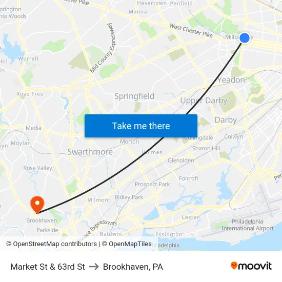 Market St & 63rd St to Brookhaven, PA map