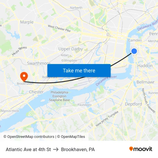 Atlantic Ave at 4th St to Brookhaven, PA map