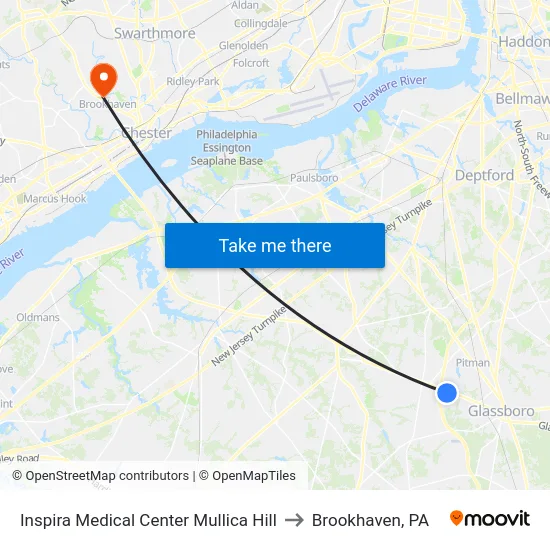 Inspira Medical Center Mullica Hill to Brookhaven, PA map