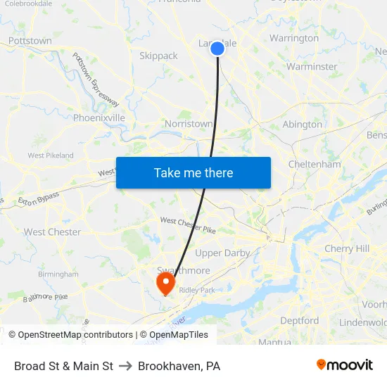 Broad St & Main St to Brookhaven, PA map