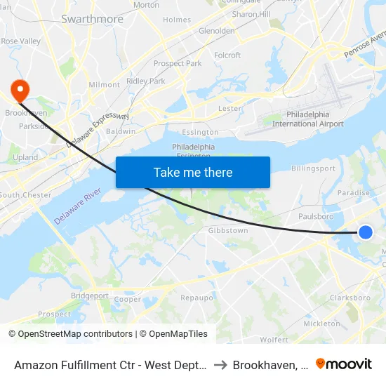 Amazon Fulfillment Ctr - West Deptford to Brookhaven, PA map