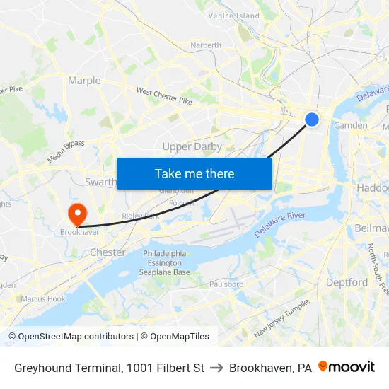 Greyhound Terminal, 1001 Filbert St to Brookhaven, PA map