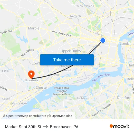 Market St at 30th St to Brookhaven, PA map