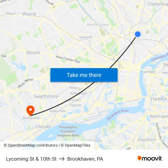 Lycoming St & 10th St to Brookhaven, PA map