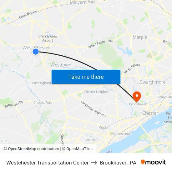 Westchester Transportation Center to Brookhaven, PA map