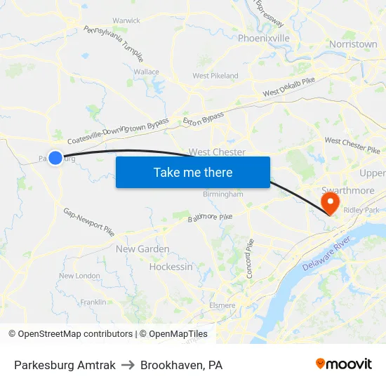 Parkesburg Amtrak to Brookhaven, PA map