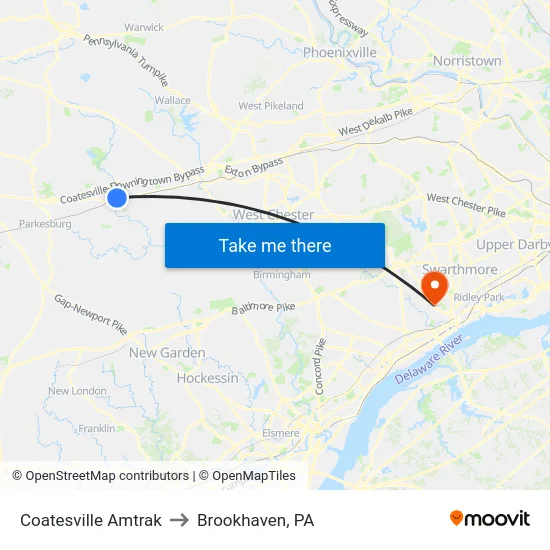 Coatesville Amtrak to Brookhaven, PA map