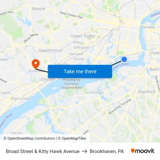 Broad Street & Kitty Hawk Avenue to Brookhaven, PA map