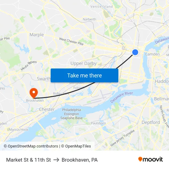Market St & 11th St to Brookhaven, PA map