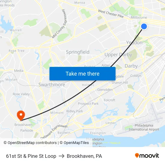 61st St & Pine St Loop to Brookhaven, PA map