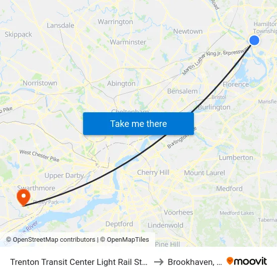Trenton Transit Center Light Rail Station to Brookhaven, PA map
