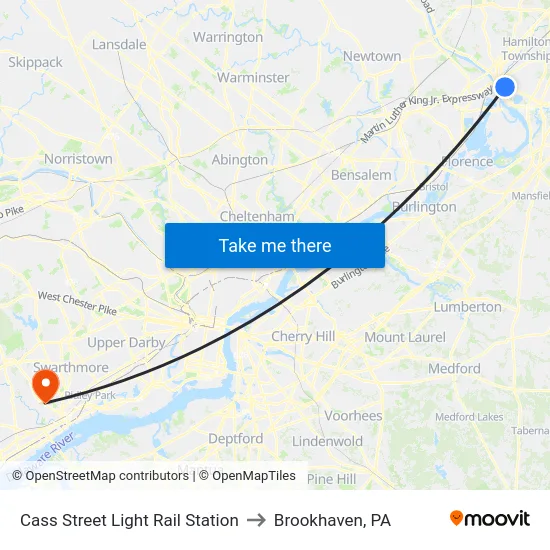 Cass Street Light Rail Station to Brookhaven, PA map