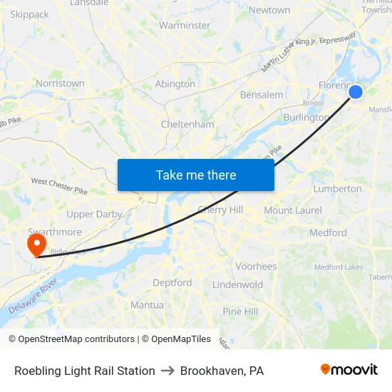 Roebling Light Rail Station to Brookhaven, PA map