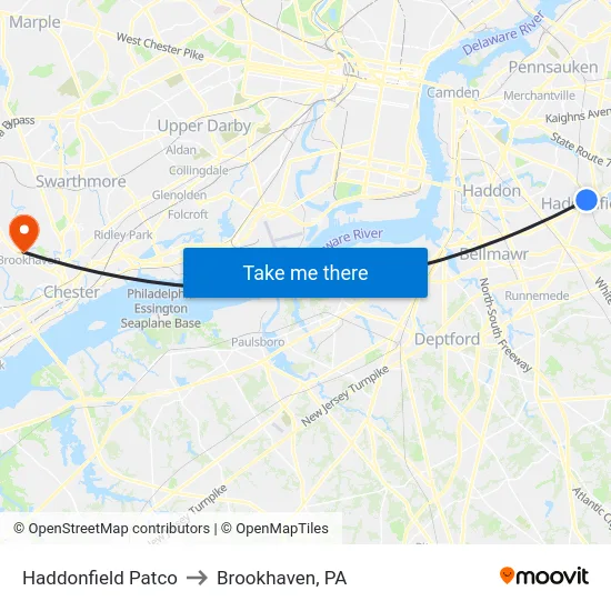 Haddonfield Patco to Brookhaven, PA map