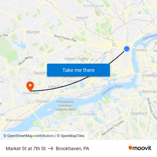 Market St at 7th St to Brookhaven, PA map