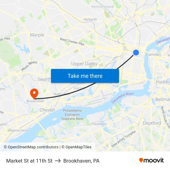 Market St at 11th St to Brookhaven, PA map