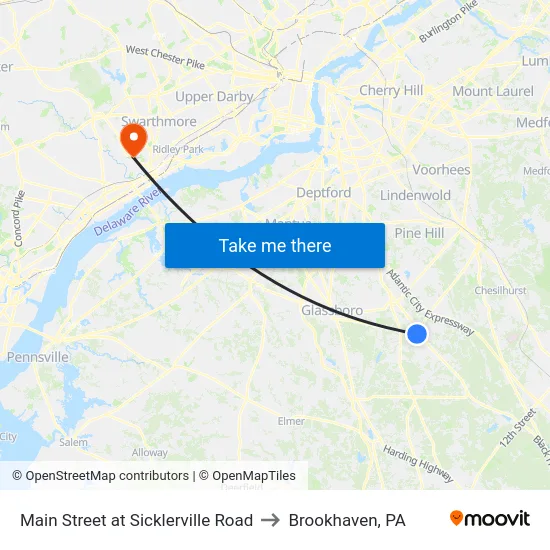 Main Street at Sicklerville Road to Brookhaven, PA map