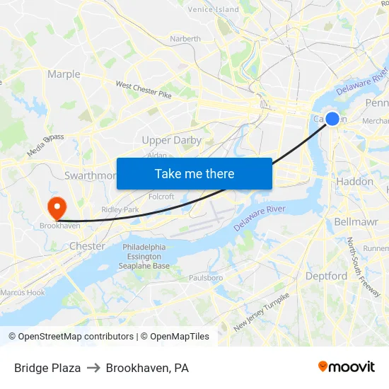 Bridge Plaza to Brookhaven, PA map