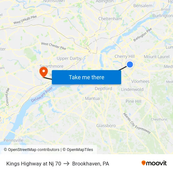 Kings Highway at Nj 70 to Brookhaven, PA map