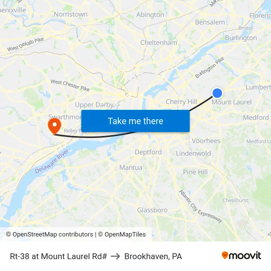Rt-38 at Mount Laurel Rd# to Brookhaven, PA map