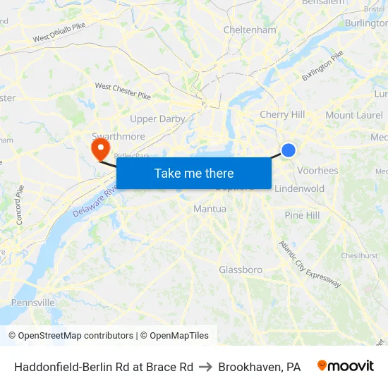 Haddonfield-Berlin Rd at Brace Rd to Brookhaven, PA map