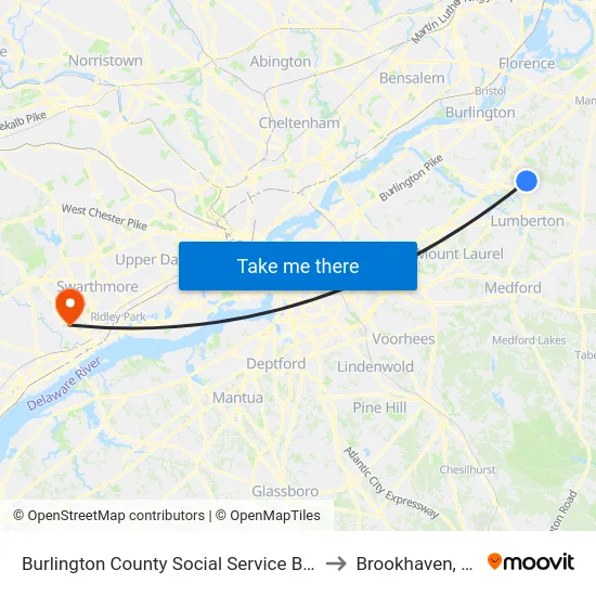 Burlington County Social Service Bldg to Brookhaven, PA map