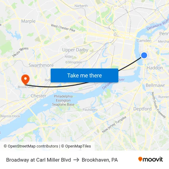 Broadway at Carl Miller Blvd to Brookhaven, PA map